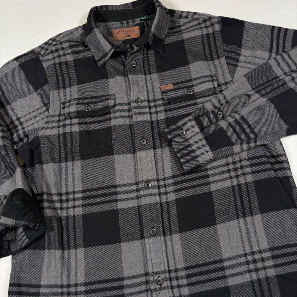 Orvis Shirt Mens XL Button-down Grey Black Plaid Fleece Lined Long Sleeve